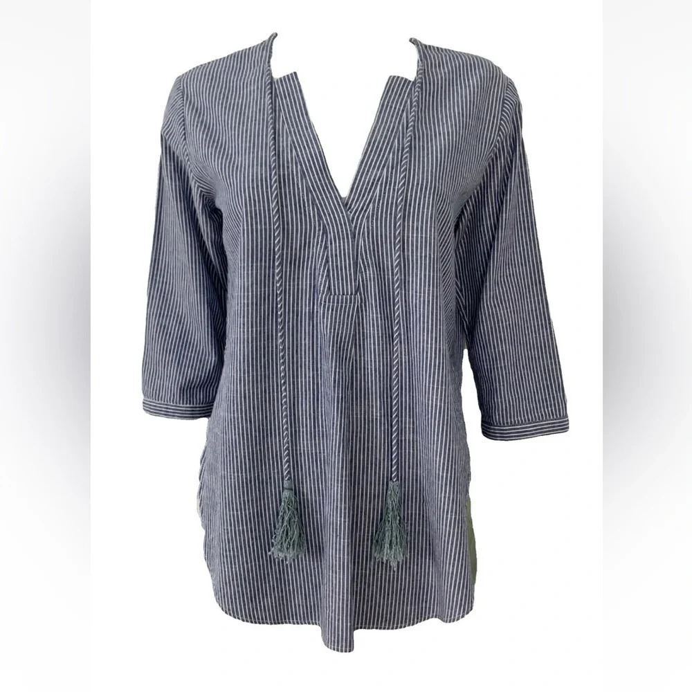 Shakuhachi Stripe Chambray Kaftan Top - Picture 3 of 14